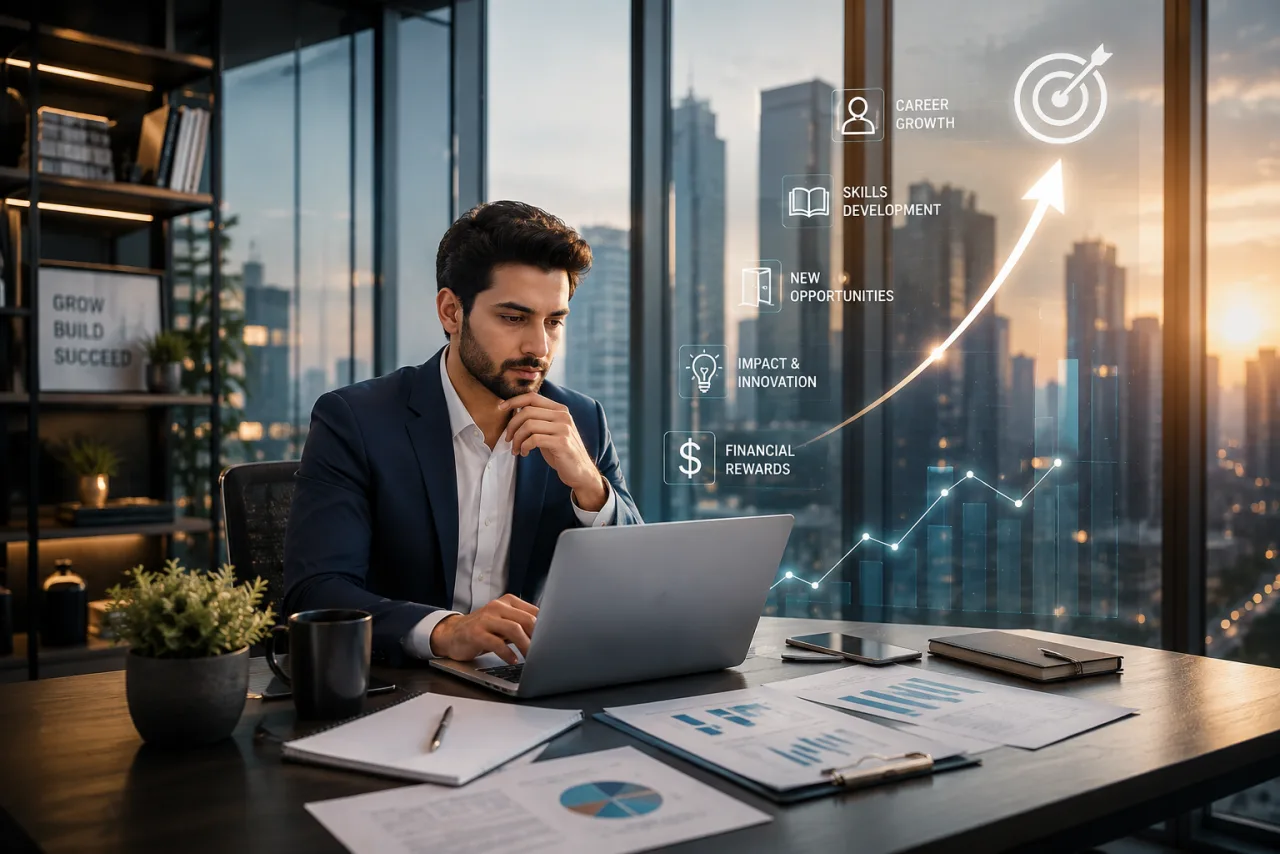 A professional working on a laptop in a modern office with a city skyline at sunset, surrounded by icons representing career growth, skills development, new opportunities, impact and innovation, and financial rewards