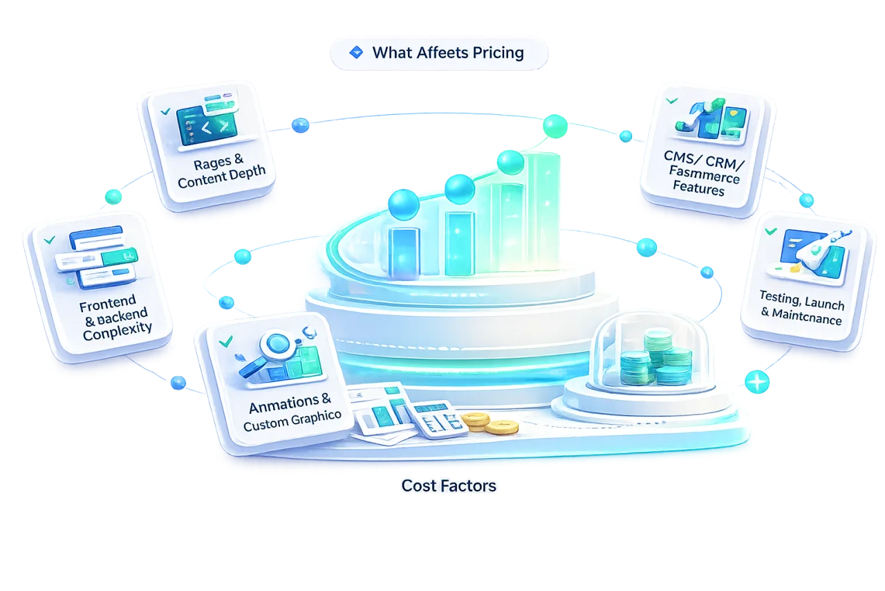 3D illustration titled What Affects Pricing, showing cost factors — pages and content depth, frontend and backend complexity, animations and custom graphics, CMS, CRM and ecommerce features, and testing, launch and maintenance — around a central growth chart and stacked coins