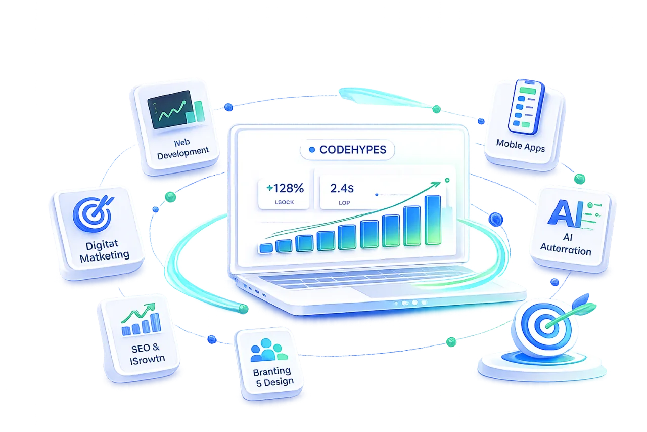 3D illustration of a laptop showing a CodeHypes growth dashboard with +128% leads and a 2.4s load time, surrounded by floating cards for web development, mobile apps, AI automation, digital marketing, SEO and branding